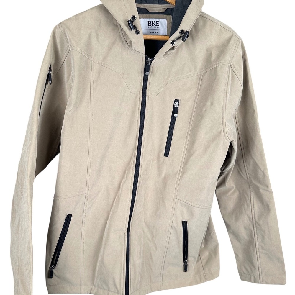BKE Mens Hooded Softshell Jacket Tan Khaki Fleece Lined Full Zip TS00175 Medium